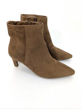 Brown Kitten Heel Microfiber Ankle Boots - Size 7.5 Womens - Faux Suede Booties